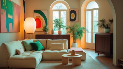 Poster - A comfortable living space featuring a modular sofa in gentle shades, warm lighting, a dark wooden cabinet, abstract artwork, greenery, and an arched entrance.