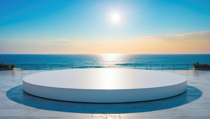 Poster - A white and blank concrete circular stage. The ocean viewed from a plaza beneath a clear sky.