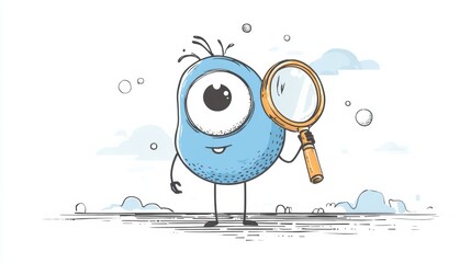Fototapete - Stylized Eyeball Character With a Magnifying Glass Explores a Whimsical Landscape