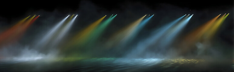 Wall Mural - Dynamic abstract concert light beams with vibrant color gradients creating dramatic directional lighting on dark atmospheric background, artistic interpretation of chaos and energy.