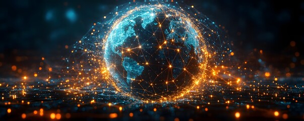 Poster - Abstract digital representation of a dynamic interconnected global network with a radiant luminous sphere at its center symbolizing the interconnectedness and of the world
