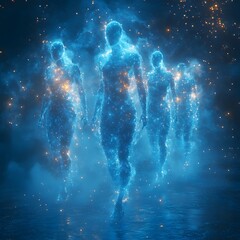 Poster - A surreal ethereal scene of futuristic digital human like figures flowing in graceful synchronized patterns emanating a glowing energetic presence within a vast cosmic backdrop