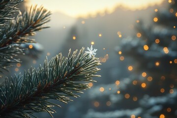 Poster - Winter scene shows snow falling on a frosted evergreen tree branch in a mountain landscape