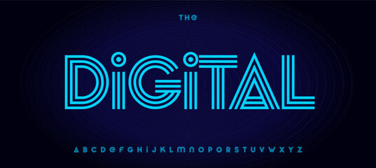 Poster - Digital stripes alphabet, layered contour techno font, retro-futuristic typeface for tech, sport, fintech, robotic logo and headline. Virtual UI typography, sci-fi typographic design. Vector typeset