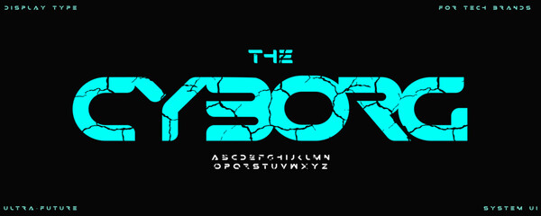 Poster - Cyberpunk glitch alphabet, cracked robotic font, bold futuristic typeface for tech branding, digital robotic headline style, AI sci-fi typography, dystopian typographic design. Vector typeset.