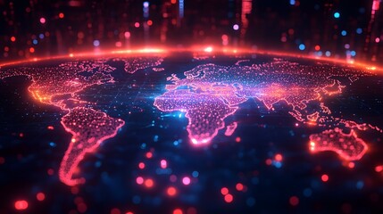 Poster - A visually stunning futuristic digital world map depicting a global network of glowing interconnected nodes representing major cities and urban centers across the planet