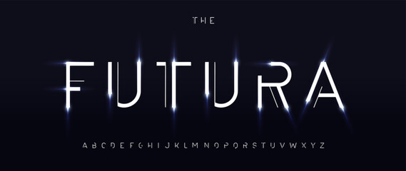 Aufkleber - Abstract futuristic font, digital neon glow alphabet, thin techno typescript for AI interface, sci-fi logo headline, cyberpunk science technology branding, minimal hi-tech typography. Vector typeset.