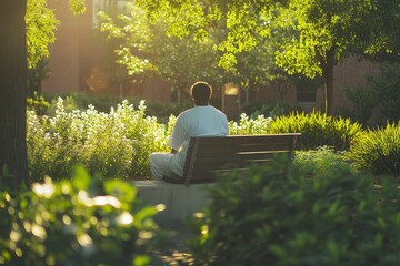 Aufkleber - Woman sits in quiet contemplation in a lush garden with sunlight shining through the leaves during the daytime