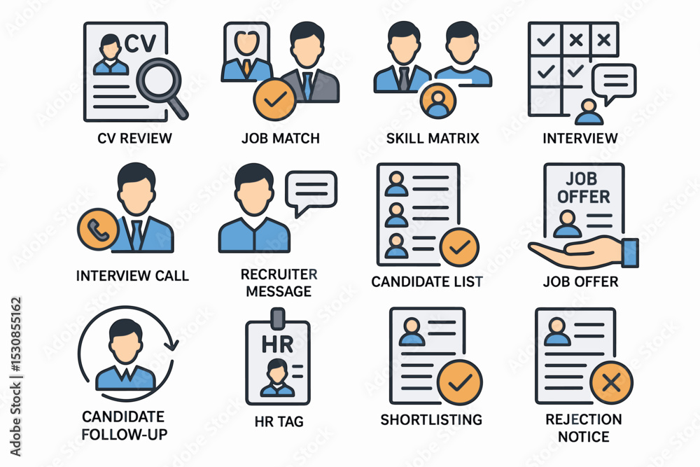 Job recruitment process icons: cv review, interview, job offer, and ...