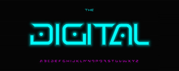 Poster - Glitch cyber alphabet, neon digital font, futuristic matrix typeface for tech firewall logo headline, hacker phishing news typography, AI terminal display, encrypted typographic style. Vector typeset