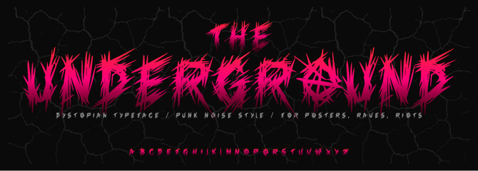 Fototapete - Devilish horror alphabet, scratched creepy font, wild punk typeface for spooky branding, Halloween headline style, zombie riot typography, rebellious typographic design. Vector typeset.