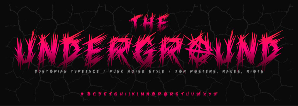 Devilish horror alphabet, scratched creepy font, wild punk typeface for spooky branding, Halloween headline style, zombie riot typography, rebellious typographic design. Vector typeset.