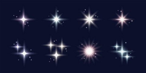 Poster - Glowing star and blinks shapes, shiny abstract symbols with sequins and beams. Vector design magic aesthetics elements set.