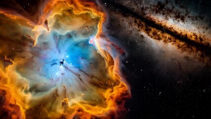 Spectacular celestial nebula displaying vibrant orange outer gas and a blue central core in a starry cosmic background
