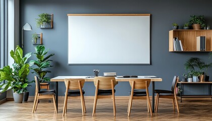 Aufkleber - Interior of modern home office in the morning featuring natural light, plants, light wood floors, work table, desk chairs, and empty framed canvas on the wall