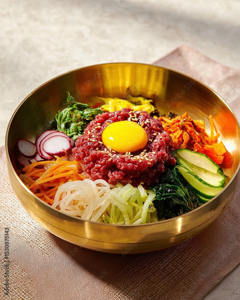 Korean Yukhoe Bibimbap – Traditional Raw Beef Rice Bowl with Vegetables ...