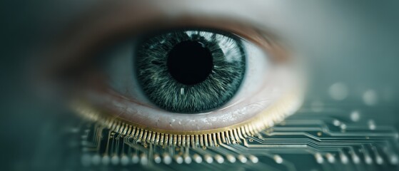 Poster - exploring the intersection of technology and human perception a close-up of an eye on circuitry digi