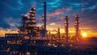 © aref - Illuminated industrial complex at dusk with sunset sky, and complex pipelines