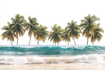 Poster - Tropical coastline with palm trees and ocean waves at sunny beach paradise, capturing a serene coastal setting