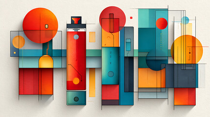 Poster - Dynamic abstract art composition gallery space digital artwork contemporary environment side view color theory exploration