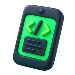 Poster - 3d icon of a cartoon plastic style smartphone icon displaying code brackets and lines of code, on a transparent background