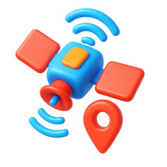 Poster - 3d cartoon plastic style  satellite transmitting location signal with location pin, transparent background, png