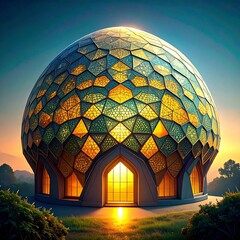 Illustration, Dome-like structure with a geometric honeycomb pattern under soft lighting