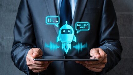 Fototapete - AI chatbot technology, virtual assistant for customer service, futuristic smart automation, AI-powered chatbot on tablet, digital business support, artificial intelligence conversation bot.
