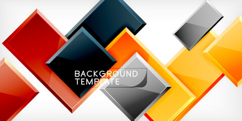 Poster - Abstract geometric design. Shiny squares overlap, creating dynamic visual effect. Colors include red, orange, gray, black. Modern template.