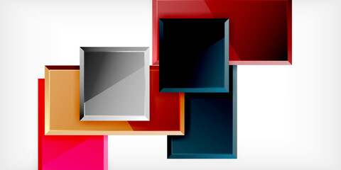 Poster - Abstract composition featuring overlapping squares. Colors include red, orange, pink, gray, black, teal. Minimalist design on white background.