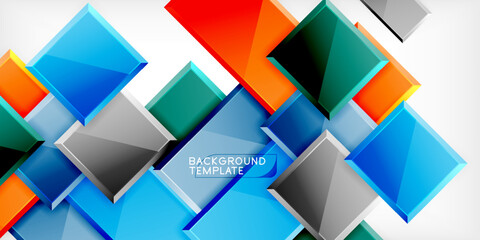 Poster - Bright geometric shapes overlap, creating dynamic abstract composition. Colors include blue, orange, green, gray. Modern design element.