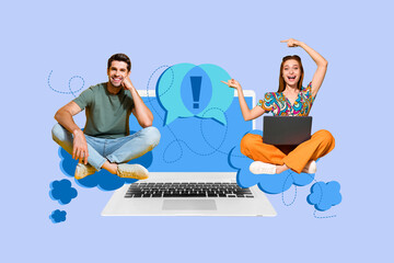 Poster - Contemporary image art collage of happy girl guy stand laptop bubble notification exclamation mark chat phrase messenger app