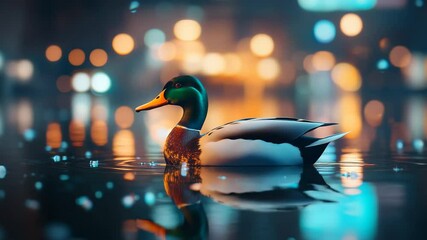 Poster - Mallard duck swimming in colorful bokeh lake at dusk, digital art concept