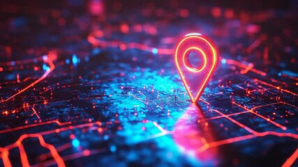 Poster - Glowing red map pin on digital map with neon lights, futuristic location concept