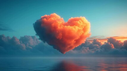 Poster - Heart-shaped orange cloud floating above calm ocean at sunset
