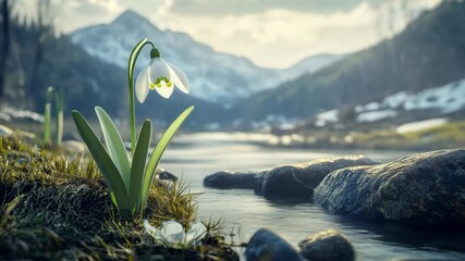 Poster - Delicate snowdrop by a serene mountain stream in early spring sunlight