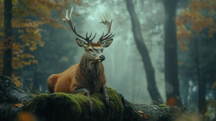 Poster - Majestic stag resting on a mossy log in a misty autumn forest landscape