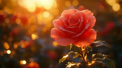 Poster - Red rose in morning sunlight with dew drops symbolizing beauty and freshness