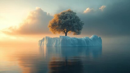 Poster - Solitary tree on floating iceberg at sunset with warm glow