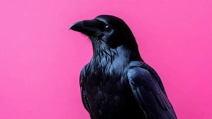 Poster - Close-up of a black raven against a vibrant pink background, surreal contrast