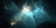 © horizon - Lone scuba diver's silhouette explores a deep-sea canyon. Volumetric sunbeams pierce the dark blue water, framed by immense rock walls.