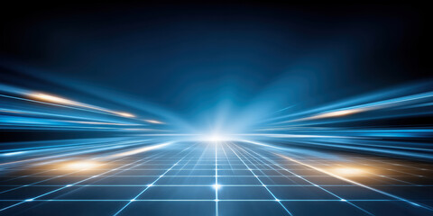 Fototapete - Futuristic digital grid with glowing blue and orange light streaks creating dynamic and energetic atmosphere of speed and technology
