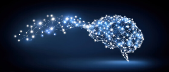 Poster - Digital brain network with glowing nodes and connections on dark background, symbolizing artificial intelligence and neural link