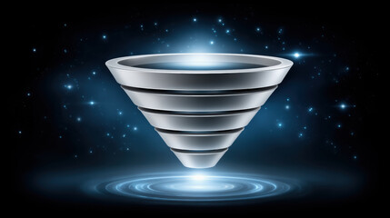Poster - Futuristic silver funnel with glowing light and starry background, symbolizing technology and innovation in cosmic setting