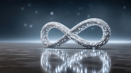 Poster - Infinity symbol with glowing lights and reflective surface on dark background, creating futuristic and mesmerizing effect