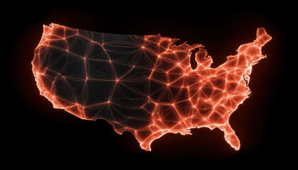Aufkleber - Glowing network map of United States with interconnected points and lines showing digital connections and data flow in vibrant orange light