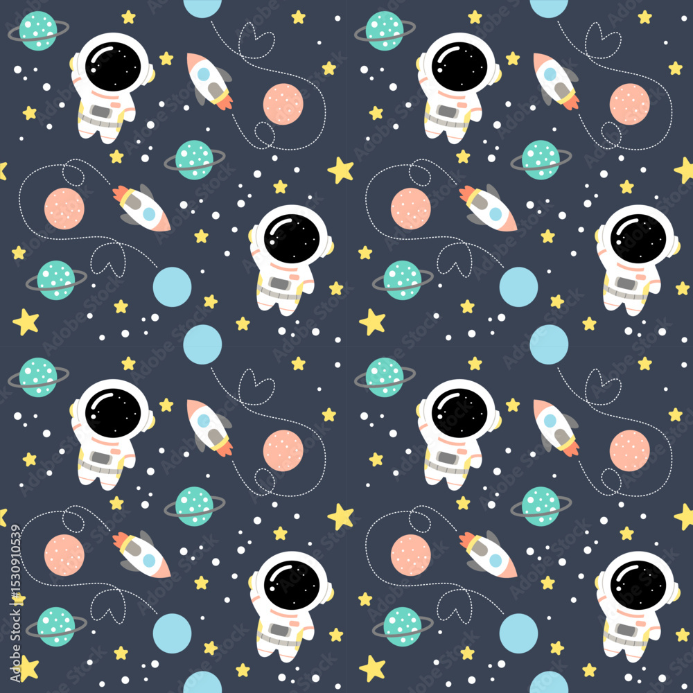 Seamless Cute Space Pattern with Astronaut, Rockets, Planets, and Stars ...