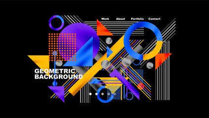 Aufkleber - Abstract geometric design. Vibrant colors, shapes overlap. Text elements present, dark background dominates composition.