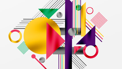 Poster - Abstract geometric composition. Shapes overlap, creating dynamic visual interest. Colors include yellow, purple, green, red, gray. Modern design.