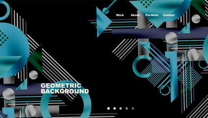Poster - Abstract geometric design. Blue, teal, white shapes overlap black background. Navigation menu present, modern aesthetic.